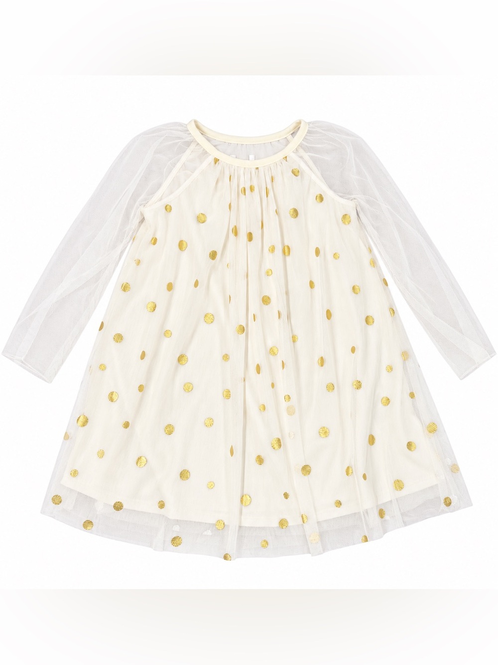 Cat & Jack Girls 4/5 Cream Gold Polka Dot Tulle Party Dress Long Sleeve